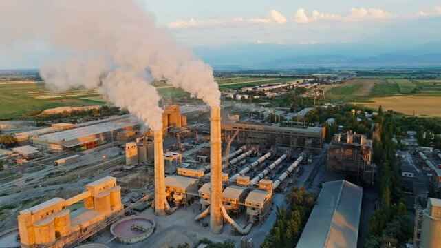 aerial view of two smoking pipes of soviet concrete factory at summer sunset