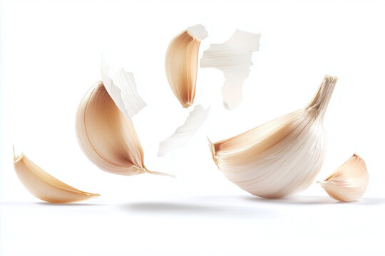 Garlic cloves with smooth papery skin floating against white background, showcasing their natural beauty and texture. This captures essence of fresh garlic
