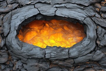 Glowing Lava Inside a Volcanic Crater with Dark, Cracked Rock Surrounding the Fiery Core