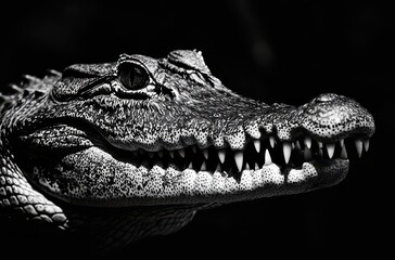 Obraz premium Majestic Crocodile Profile in Monochrome with Sharp Teeth and Intense Gaze Captured in High Detail and Dramatic Lighting for Wildlife Photography