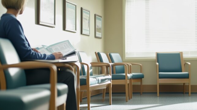 Rare illness patient reading health literature in a calm waiting room. Featuring awareness and preparation