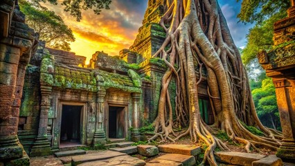 Obraz premium Ancient Angkor Wat Temple Ruins Overgrown with Lush Jungle Trees and Roots