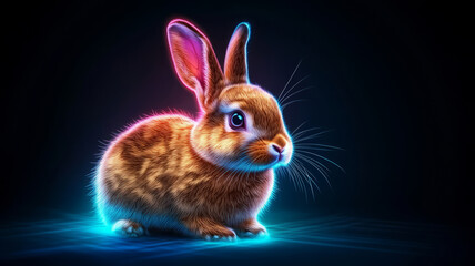 Obraz premium Cute and Playful Rabbit with Neon Glow in Dark Background for Creative Projects