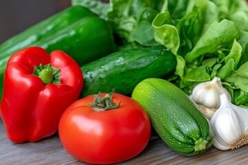 A vibrant display of fresh vegetables and herbs, including tomatoes, peppers, zucchini, garlic, and greens, on an old wooden table with natural lighting. The background is blurred to focus attention