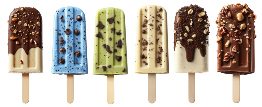 Set collection of colorful fresh chocolate vanilla milk mint popsicle ice cream with nut and big chocolate chunks wooden stick isolated white background.