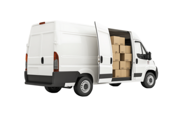White Delivery Van Filled With Cardboard Boxes On Transparent Background, PNG