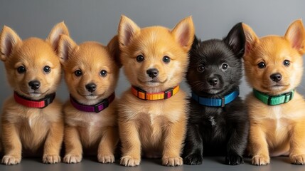 Fototapeta premium A row of adorable puppies wearing different colored collars, Pet products, Photography, Bright and cute