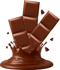  horizontal and vertical splash of chocolate, cocoa or coffee, pieces of chocolate bar, swirl and drop