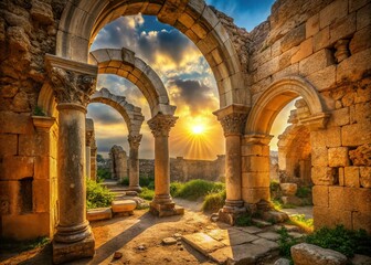 Fototapeta premium Ancient Imirzeli Ruins: Church Interior, Crumbling Columns & Sunlit Dust Motes
