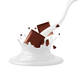 Milk splashing Chocolate liquid and Chocolate bar splashing in the middle isolated on background, Vector realistic in 3d illustration. Food