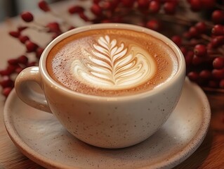 A steaming cup of coffee with latte art, captured in a cozy cafe setting, Beverages, Photography, Warm and inviting