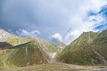 Himalayan mountain view at Mughalpura with the Drass River in Ladakh. It is on NH 1 near the Mina Marg Check Post in the union territory of Ladakh in India.