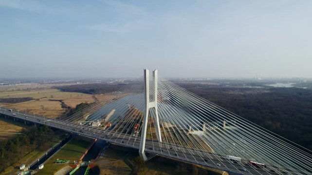 Aerial shot of Rędzin Bridge in Wrocław crossing the Odra River