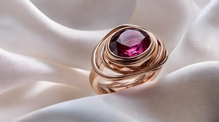 A luxurious rose gold ring with a large central ruby, displayed on a white fabric