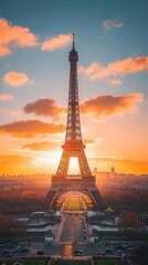 Fototapeta premium A wide shot of the Eiffel Tower at sunset, capturing its grandeur and Parisian ambiance, Travel, Photography, Warm tones