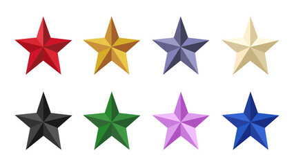 Set of three-dimensional stars, each of which has a different shade of colour. Vector icons with brightly coloured stars on an isolated background