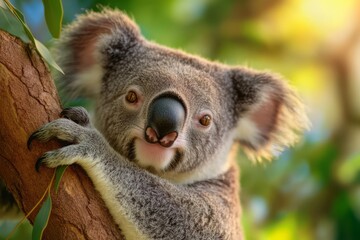 Fototapeta premium Adorable Koala Relaxing on Tree Branch in Lush Green Forest Background