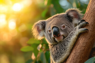Fototapeta premium Cute Koala Sitting on Tree Branch in Warm Morning Light Surrounded by Green Leaves