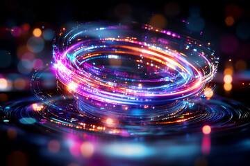 Futuristic digital hologram of nanotechnology components assembling into a glowing, soft neon design representing cutting-edge technology and innovation