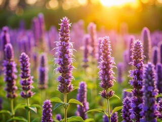 Obraz premium Anise Hyssop Field Bokeh: Dreamy Purple Flower Meadow Background