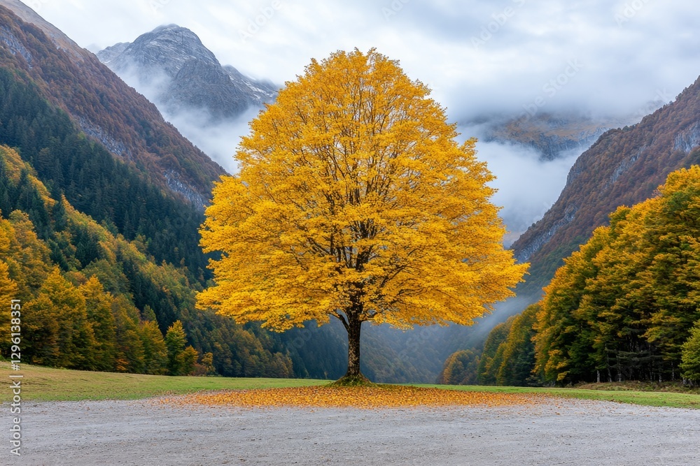 Aufkleber a large tree with yellow leaves stands in the center of an autumn forest, surrounded by other trees 