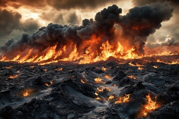 Fiery Eruption with Towering Flames and Dark Smoke Plumes Above Lava