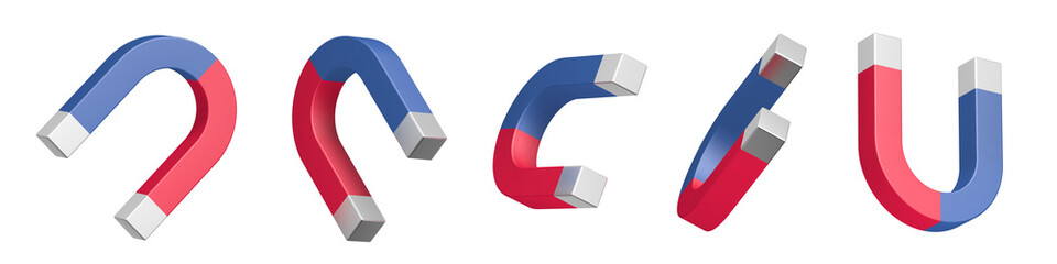 Horseshoe magnet set. Isolated. Transparent background. 3d illustration.