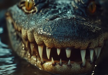 Fototapeta premium Majestic Crocodile with Sharp Teeth Emerging from Water Surface, Capturing the Power and Beauty of Nature's Fearsome Reptilian Creatures in a Lush Habitat
