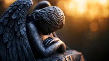 Fototapeta premium Detailed Close-up of an Elegant Angelic Statue with Beautiful Wings and Soft Lighting