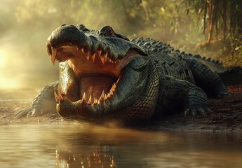 Obraz premium Majestic Crocodile with Wide Open Jaw Displaying Sharp Teeth in a Mysterious Jungle Setting Under Soft Morning Light