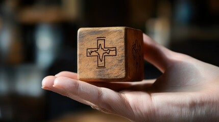 A wooden block, emblazoned with a medical healthcare icon, rests in the hand of a caregiver, symbolizing the importance of insurance for protecting one is health and well-being.