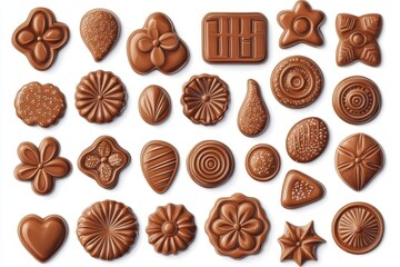 Assorted Chocolate Candy Shapes on White Background for Dessert Lovers
