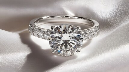 A large solitaire diamond ring with a platinum band, displayed on a pristine white cloth