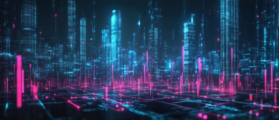 Obraz premium Futuristic neon cityscape with glowing data streams, representing digital network, artificial intelligence, and cyberpunk technology