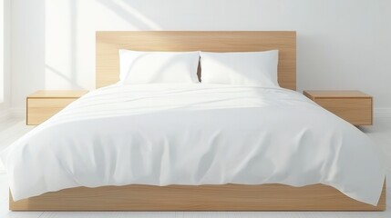 A minimalistic bedroom featuring a wooden bed frame with white bedding and bright natural light streaming in.