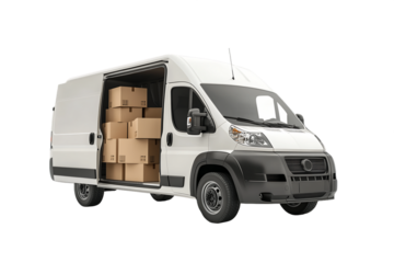 White Delivery Van Filled With Cardboard Boxes On Transparent Background, PNG