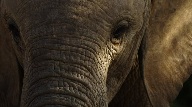 Slow-motion close-up of an elephant looking into the camera, capturing its expressive eyes, ears and textured skin in detail. Filmed in Samburu National Reserve, Kenya.