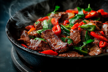 A sizzling stir-fry of beef strips and red chili peppers, glistening with oil, served in a dark cast-iron skillet, steam rising with a hint of spice, food photography