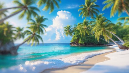 Fototapeta na wymiar Tropical beach with palm trees and calm turquoise waters under a clear blue sky at midday
