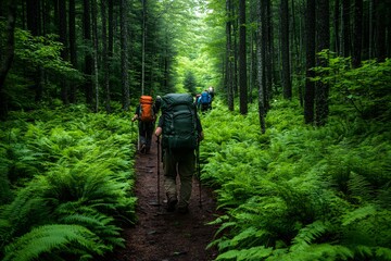Green pine trees and ferns along a forest trail with hikers.