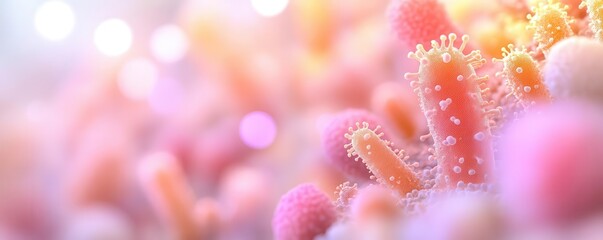 Magnified shot of bacterial quorum sensing, bioluminescent clusters communicating through light signals.