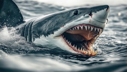 Fototapeta premium Majestic Great White Shark Breaking Surface of Water with Open Mouth Revealing Sharp Teeth in Ocean Depths Capturing the Predator's Intensity and Power