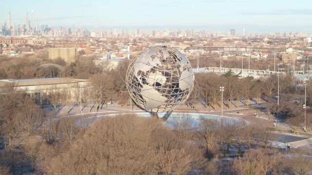 Aerial view of The Unisphere in Flushing Meadows Corona Park. Shot on a winter morning in Queens, New York City.