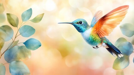 Naklejka premium Vibrant Hummingbird in Flight with Soft Pastel Background and Leaves