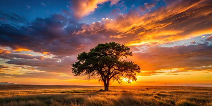 Argentine pampas sunset ignites the sky behind a lone quebracho tree.