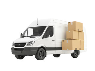 White Delivery Van with Stacked Cardboard Boxes on Transparent Background, PNG