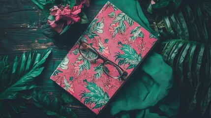 Tropical Floral Notebook Eyeglasses and Lush Green Leaves on Rustic Wood