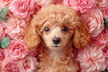 Cute curly-haired puppy surrounded by beautiful pink roses in a soft floral background