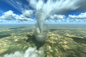 Dramatic Tornado Formation Over Fields under a Blue Sky with Clouds