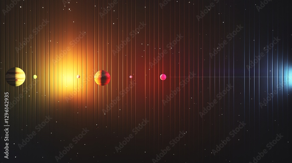 Canvas Prints a futuristic, abstract depiction of a solar system with planets lined up in a row.